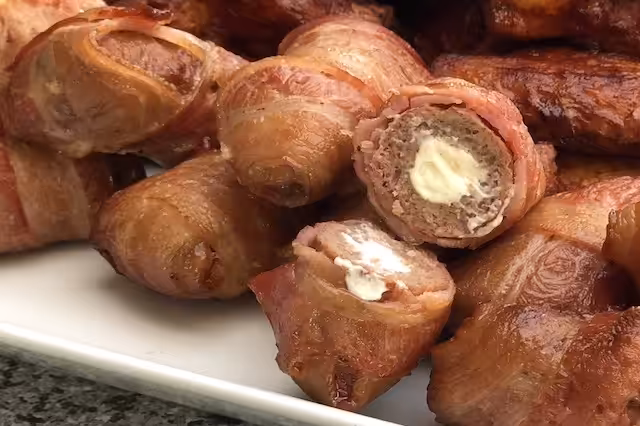 Bacon Bites - mini Bifteki med fyld og baconsvøbt Bacon Bites - mini Bifteki med fyld og baconsvøb