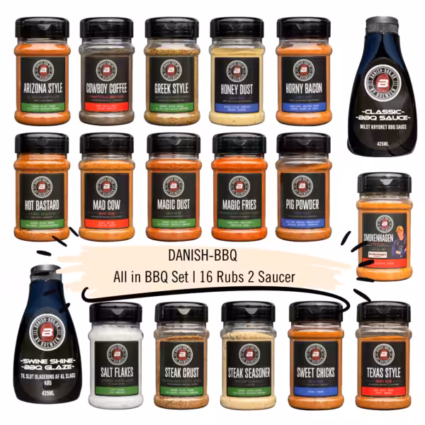 Danish BBQ All in Set med 16 BBQ rubs og 2 saucer