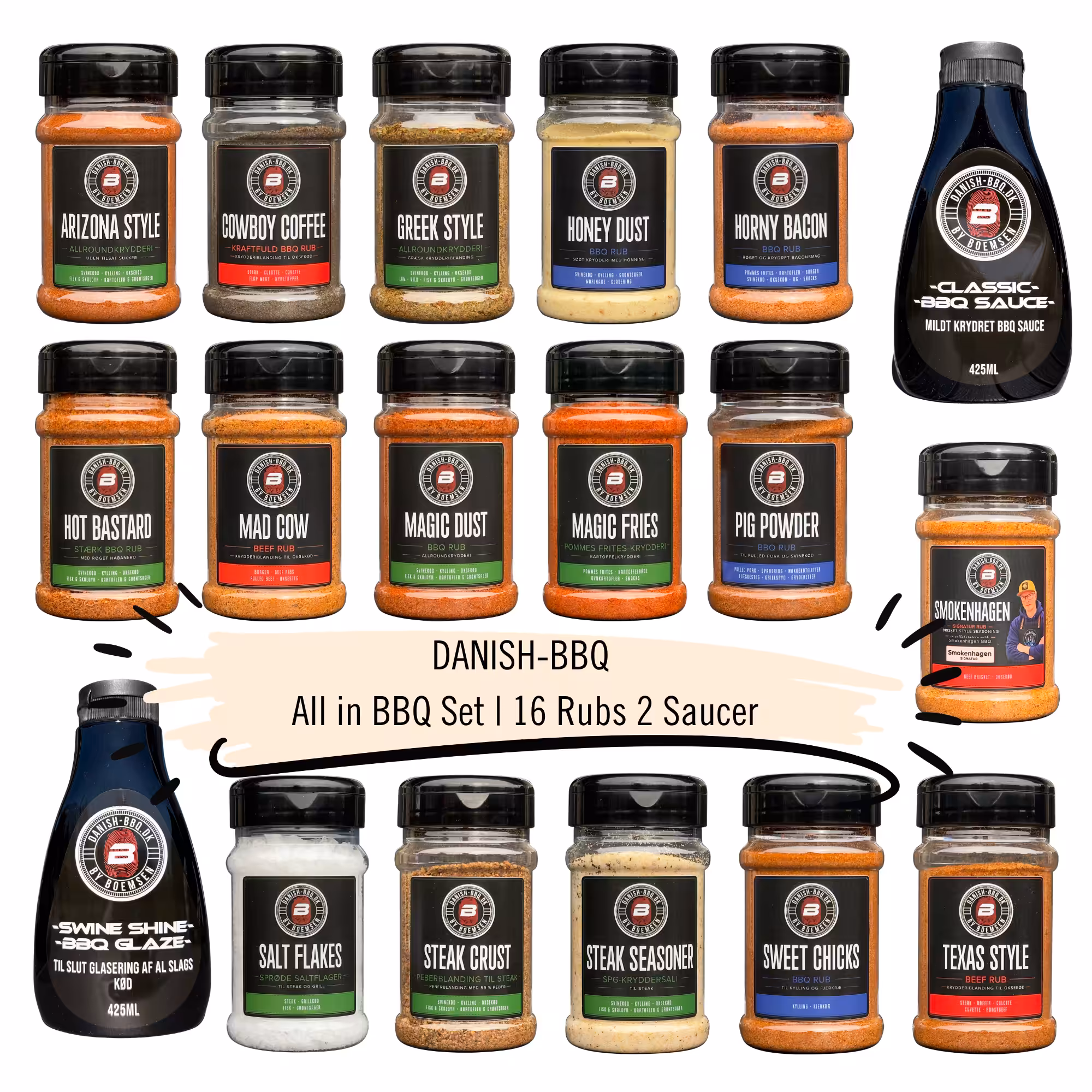Danish BBQ All in Set | 16 BBQ Rubs og 2 Saucer