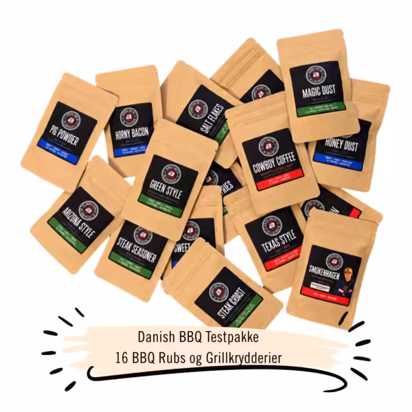 Danish BBQ Testpakke med 16 BBQ rubs og grillkrydderier