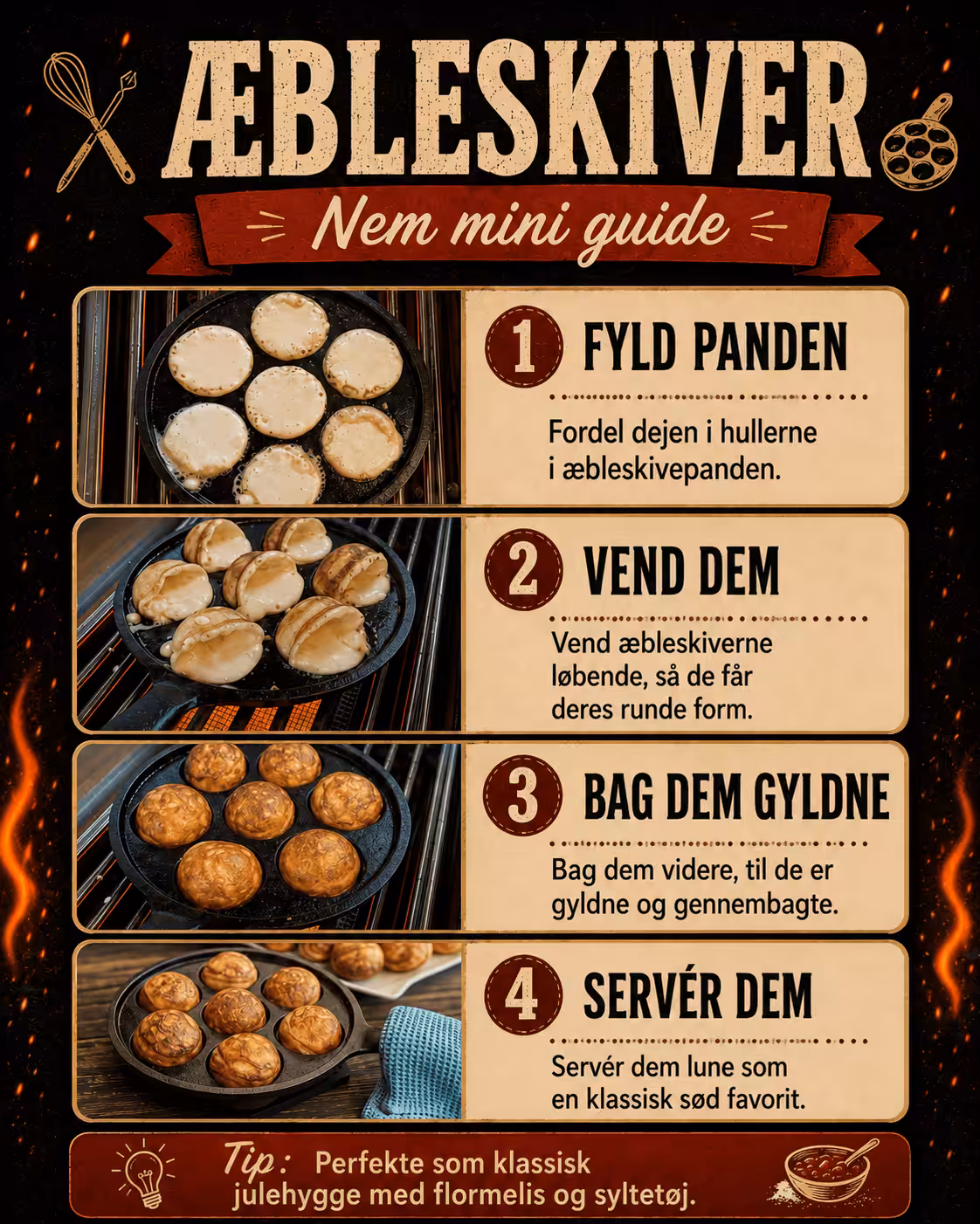Klassiske æbleskiver med kærnemælk bagt i støbejernspande på grillen