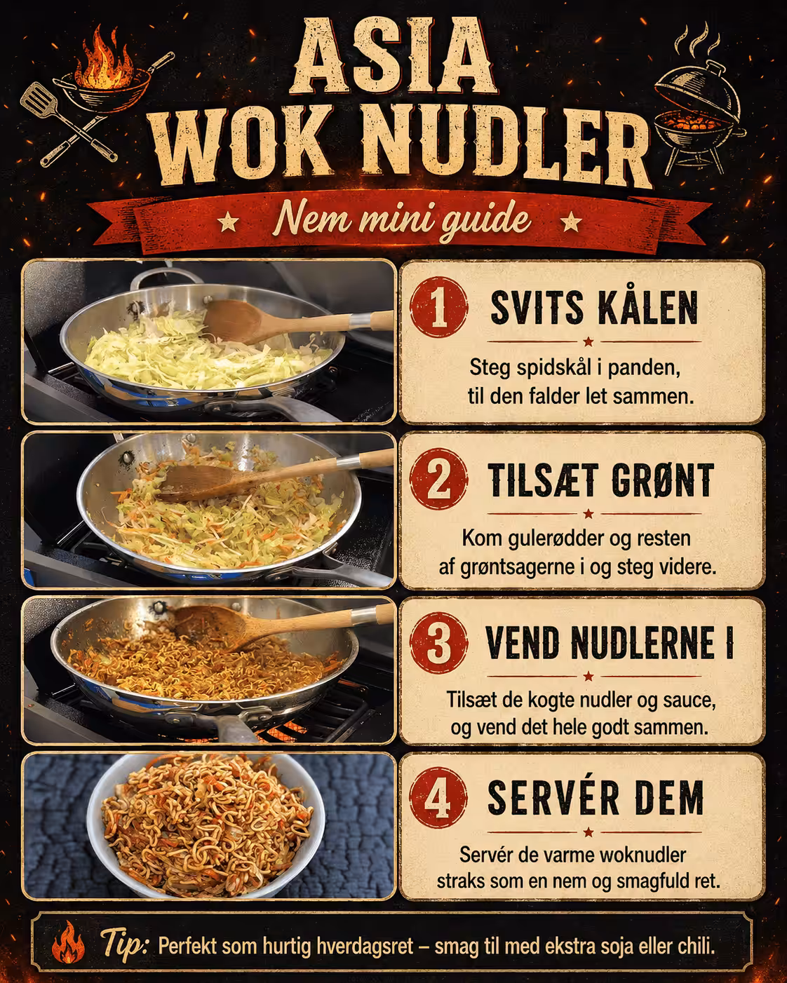 Wok med nudler på grill – nem asiatisk opskrift Wok med nudler på grill med spidskål, gulerødder og bønnespirer