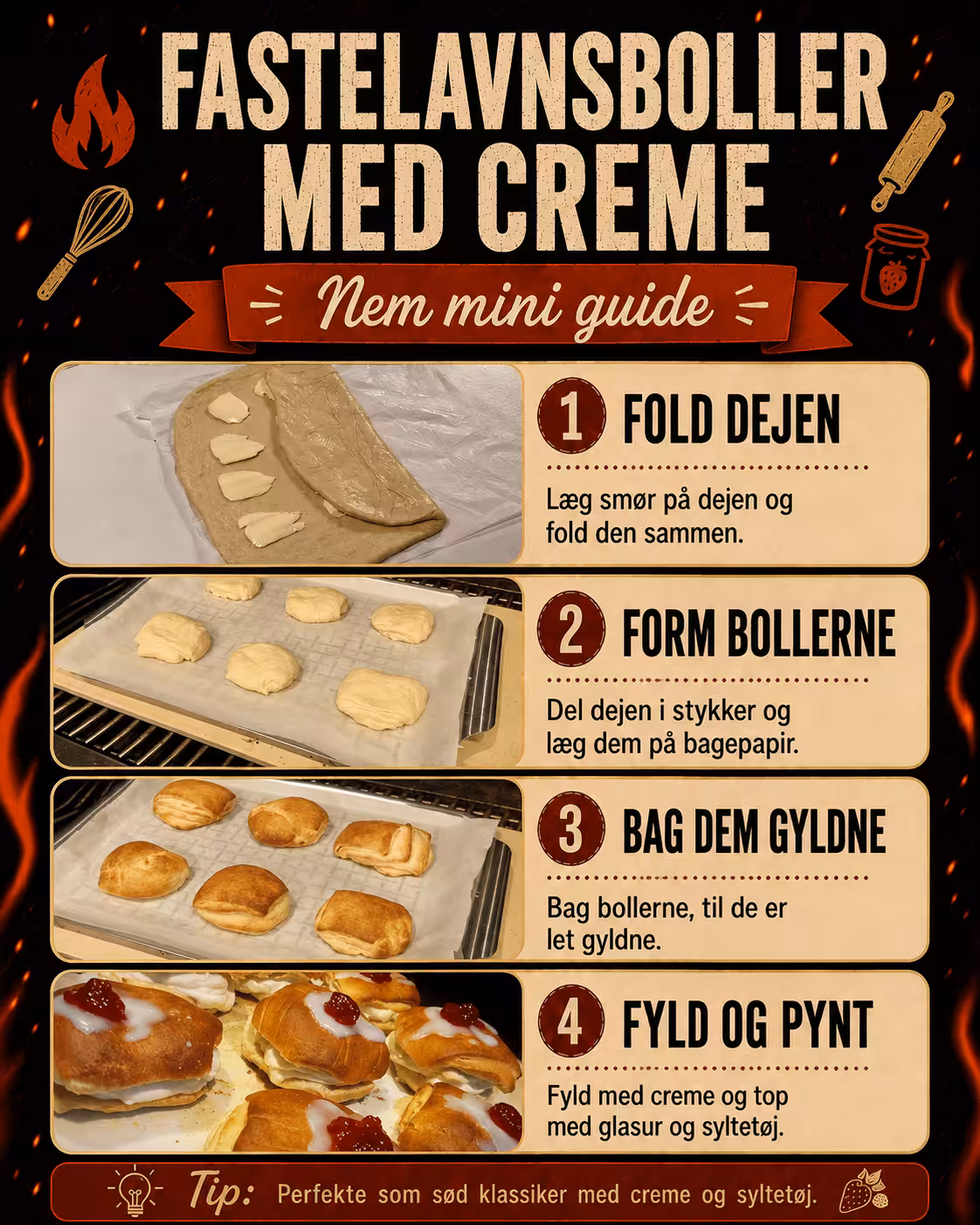 Fastelavnsboller med hvid chokoladecreme, glasur og syltetøj