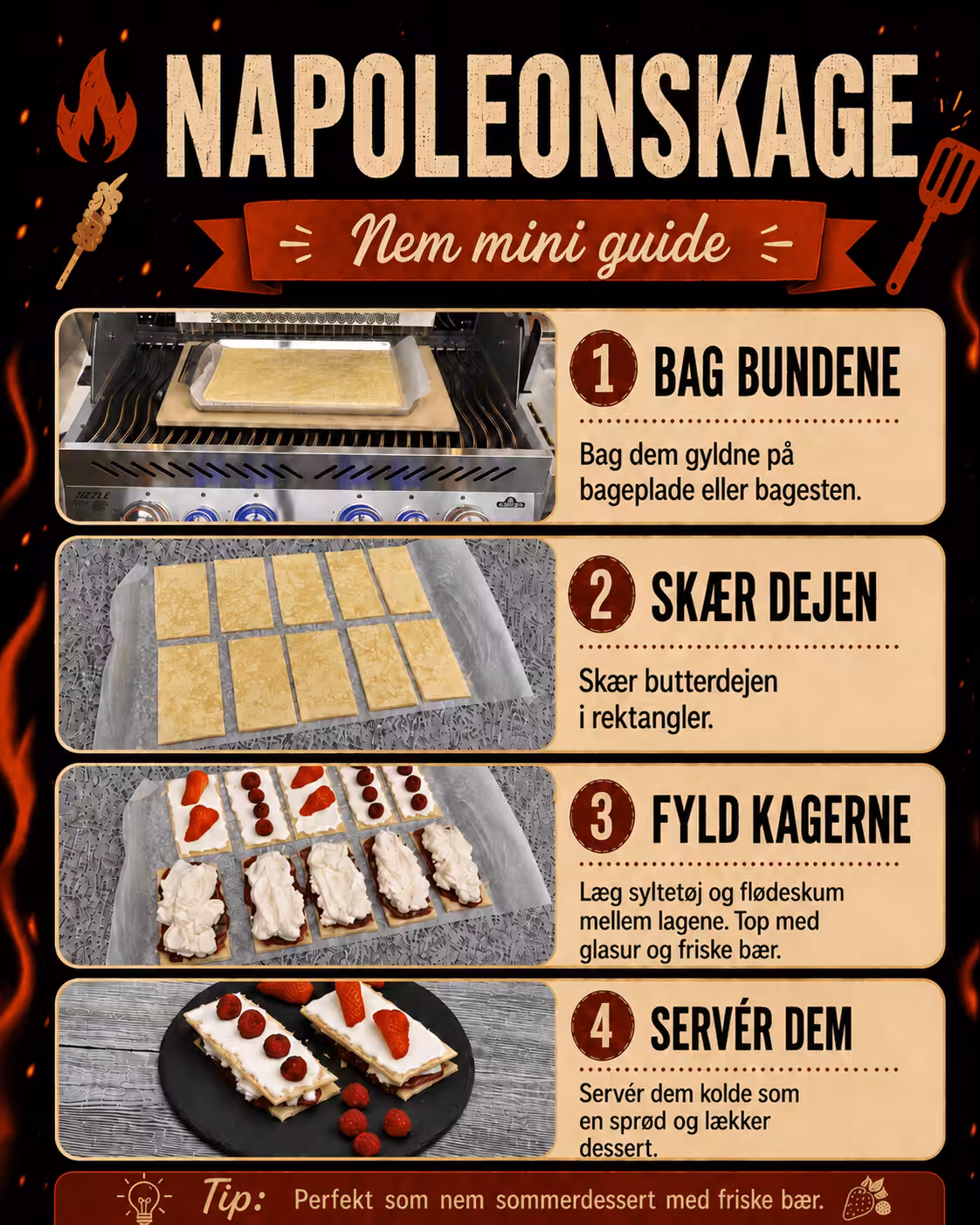 Napoleonskage med sprød butterdej, flødecreme, marmelade og friske bær