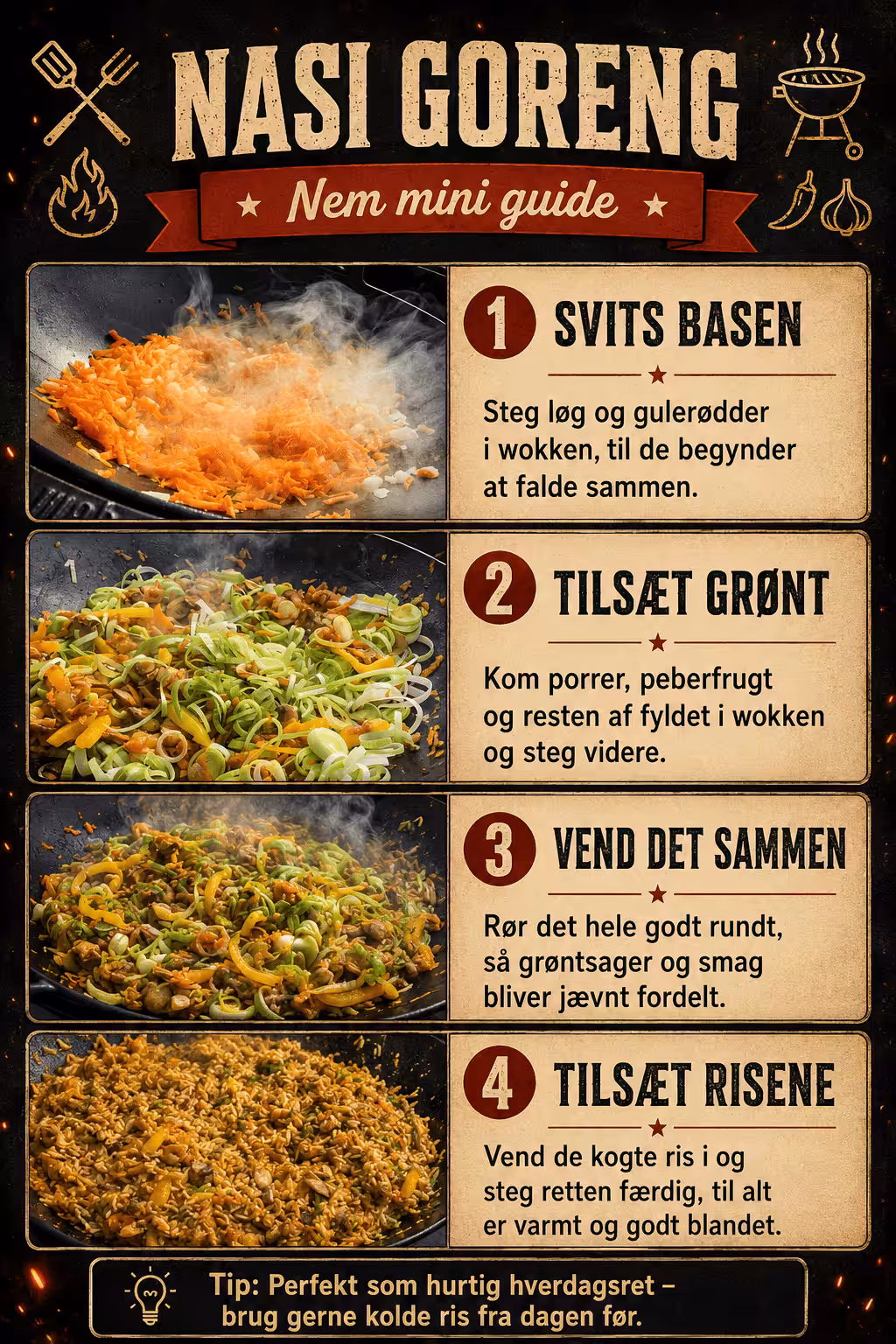 Nasi Goreng – nem opskrift i wok på grill Nasi goreng i wok på grill med ris, grøntsager og masser af smag