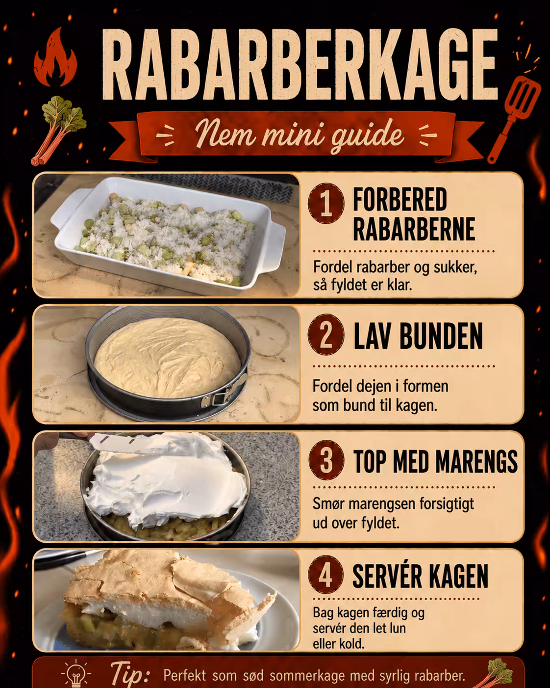 Rabarberkage med marengs – sød, syrlig og sprød Rabarberkage med marengs tilberedt på grill i fire trin